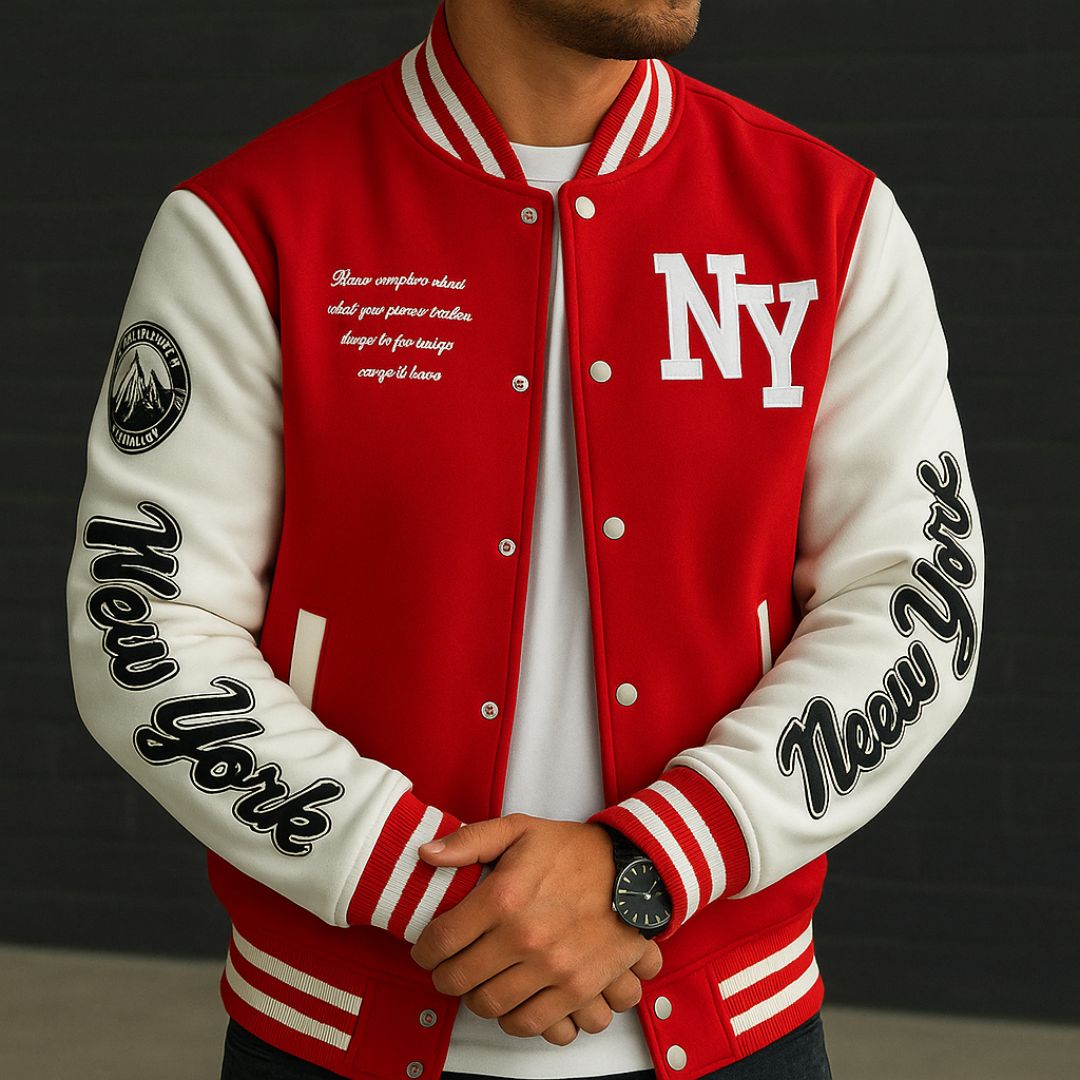 Jaqueta Masculina Varsity Baseball NY Vermelha Loja Viego jaqueta baseball masculina jaqueta college masculina jaqueta com gola canelada jaqueta estilo americano jaqueta masculina casual Jaqueta Masculina Varsity Baseball NY Vermelha jaqueta universitária masculina jaqueta varsity masculina jaqueta varsity ny jaqueta varsity urbana moda streetwear masculina
