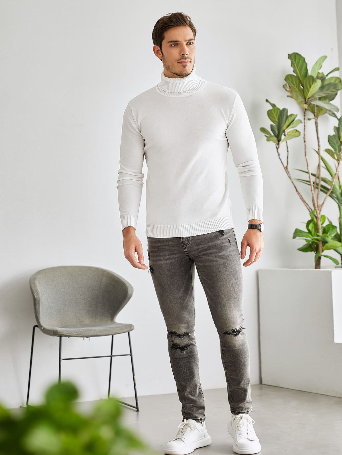 Suéter Branco Masculino Gola Alta Slim Loja Viego