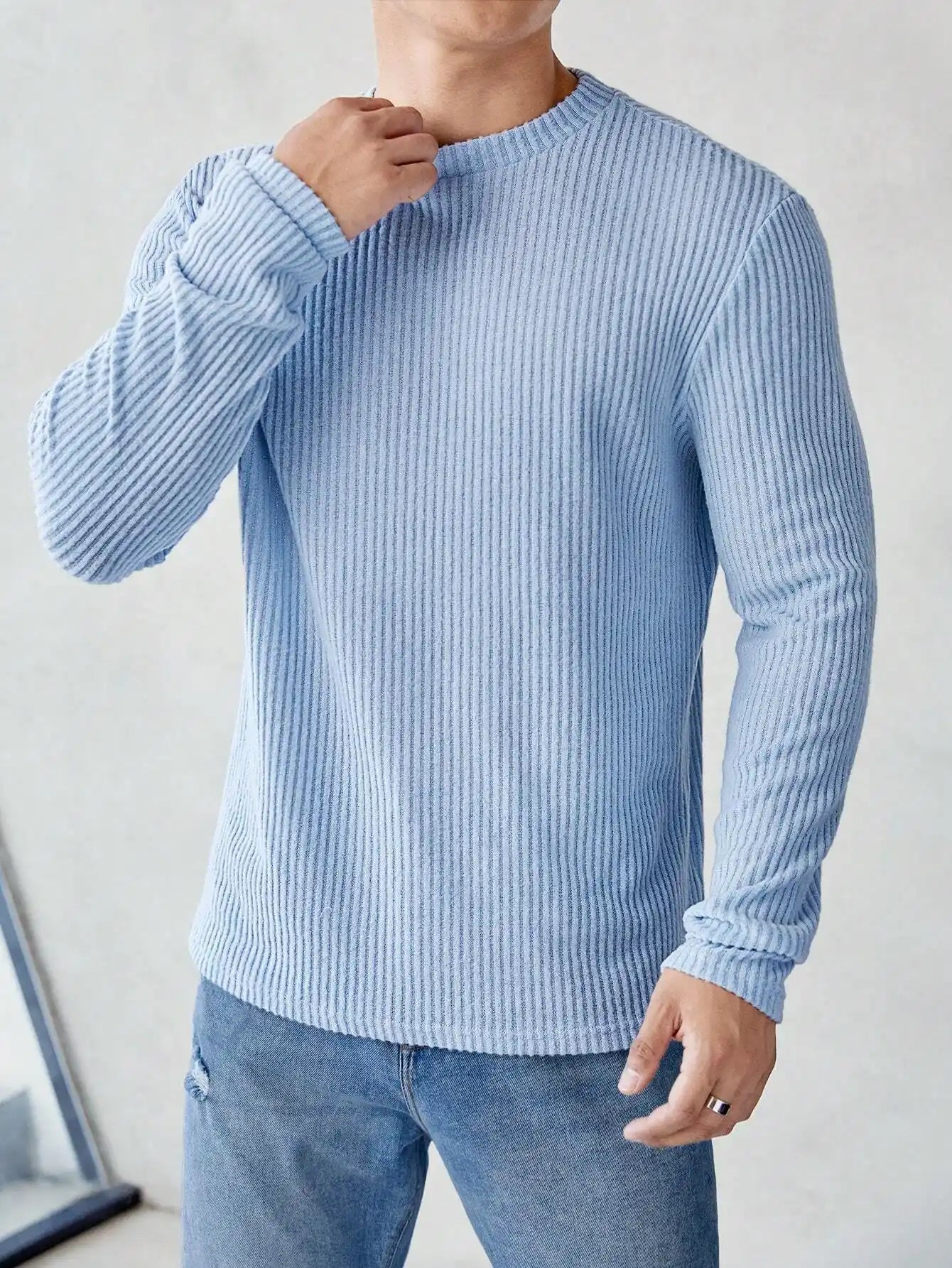 Suéter Masculino Tricô Comfort Gola Redonda Azul XG Loja Viego suéter casual suéter durável suéter estiloso suéter listrado Suéter Masculino Suéter Masculino Tricô Comfort Gola Redonda Azul suéter para dia a dia suéter para frio