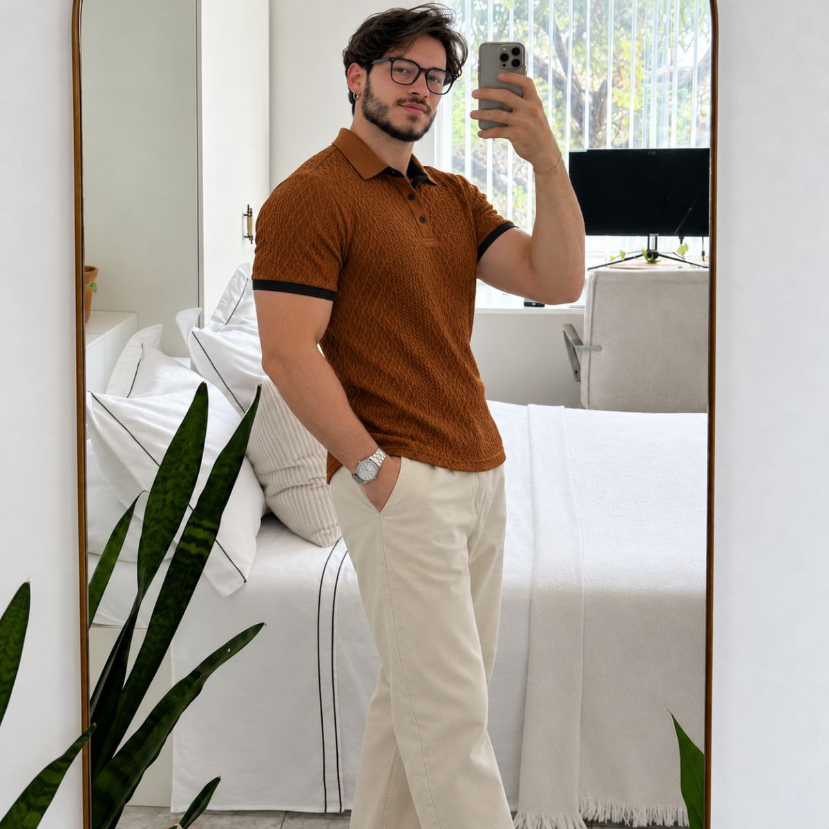 Modelo com Camisa Polo Masculina Marrom Café Toscana e calça bege, foto no espelho