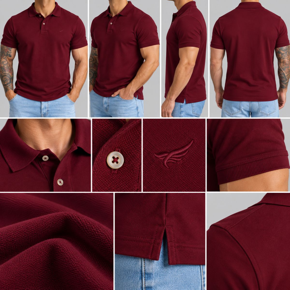 Camisa Polo Masculina Piquet Kit 3 Peças Heritage: frente, lateral, costas, botões, bordado e tecido piquet