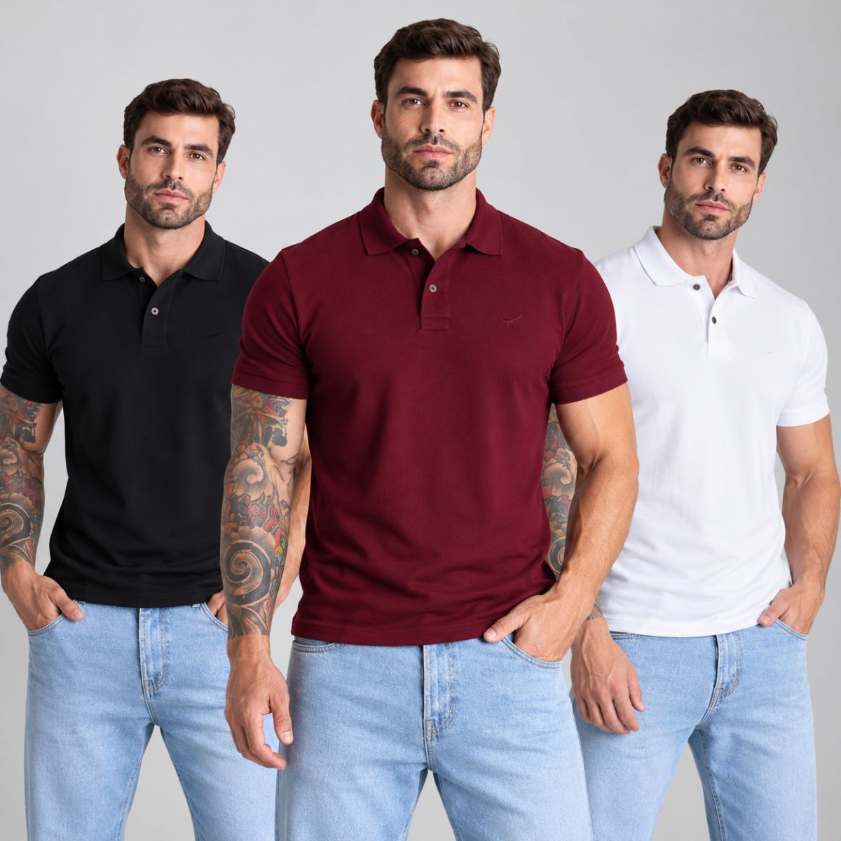 Kit 3 camisas polo masculinas piquet nas cores preta, vinho e branca