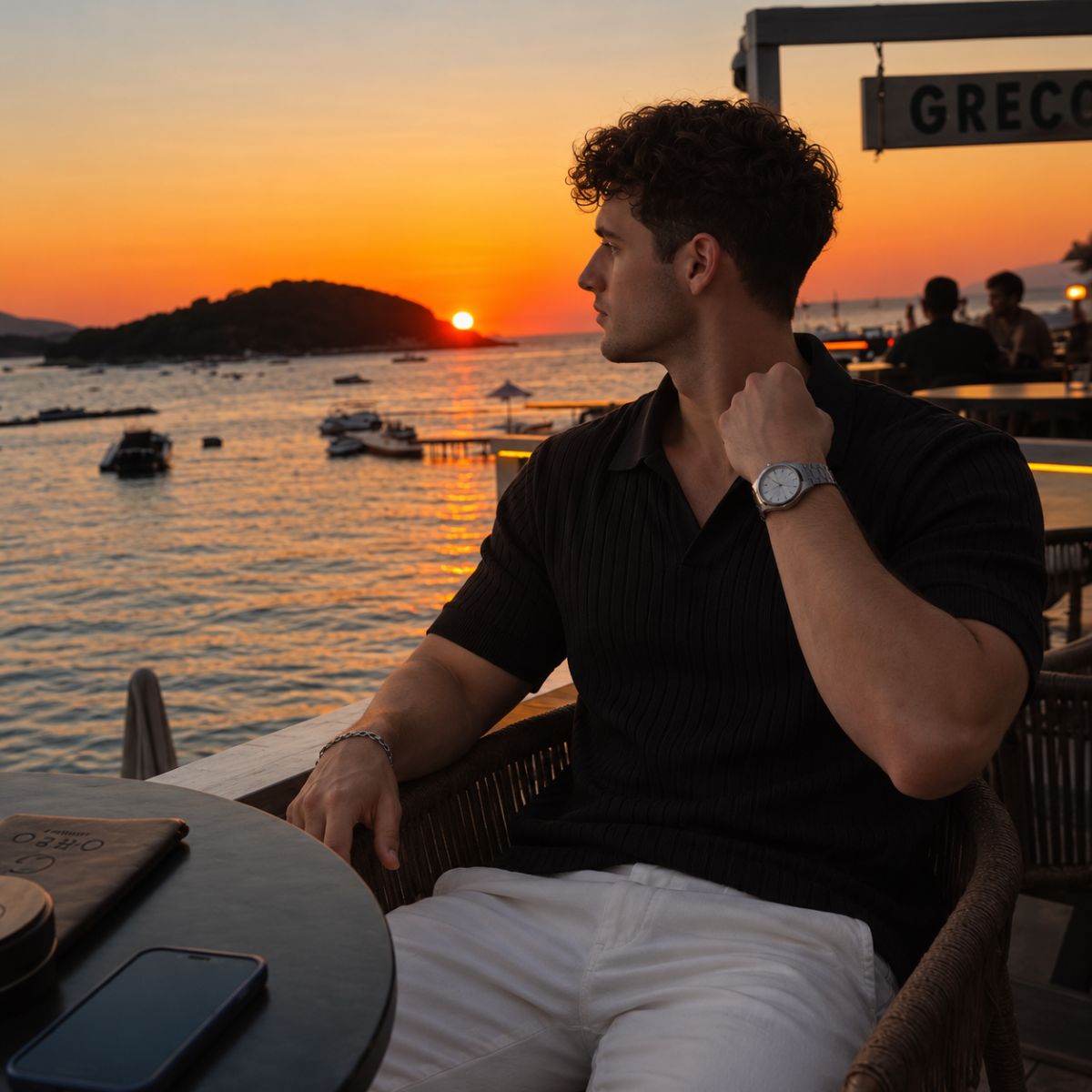 Homem com Camisa Polo Masculina Tricot Canelada Preta Napoli em restaurante à beira-mar