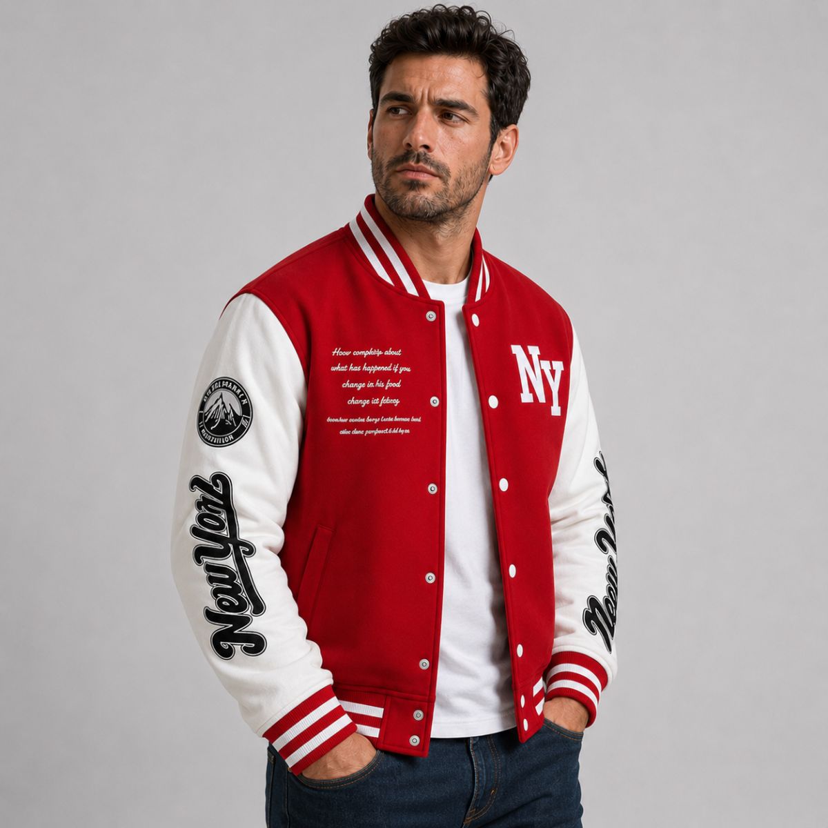 Jaqueta Masculina Varsity Baseball NY Vermelha Loja Viego