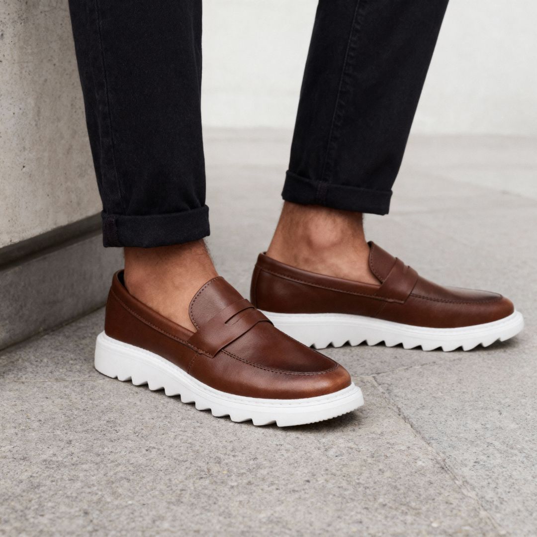 Mocassim Masculino Marrom Sola Alta Tratorado Loafer