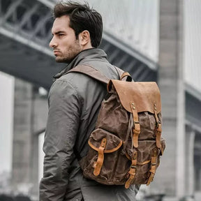 Mochila Masculina de Lona Estilo Vintage Loja Viego mochila de lona mochila lona mochila masculina Mochila Masculina De Lona Encerada E Couro Impermeável Mochila Masculina de Lona Estilo Vintage