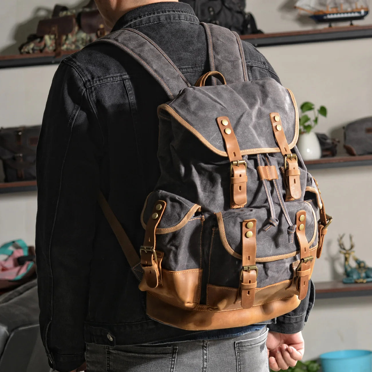 Mochila Masculina de Lona Estilo Vintage Loja Viego mochila de lona mochila lona mochila masculina Mochila Masculina De Lona Encerada E Couro Impermeável Mochila Masculina de Lona Estilo Vintage