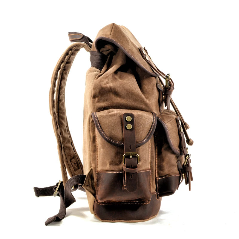 Mochila Masculina de Lona Estilo Vintage Loja Viego mochila de lona mochila lona mochila masculina Mochila Masculina De Lona Encerada E Couro Impermeável Mochila Masculina de Lona Estilo Vintage