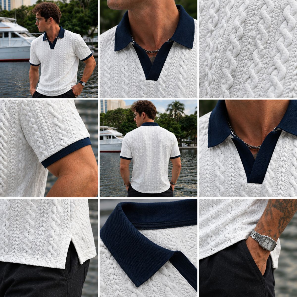 Detalhes da polo branca texturizada: gola V azul-marinho, punho contrastante, fenda lateral e tecido em tranças