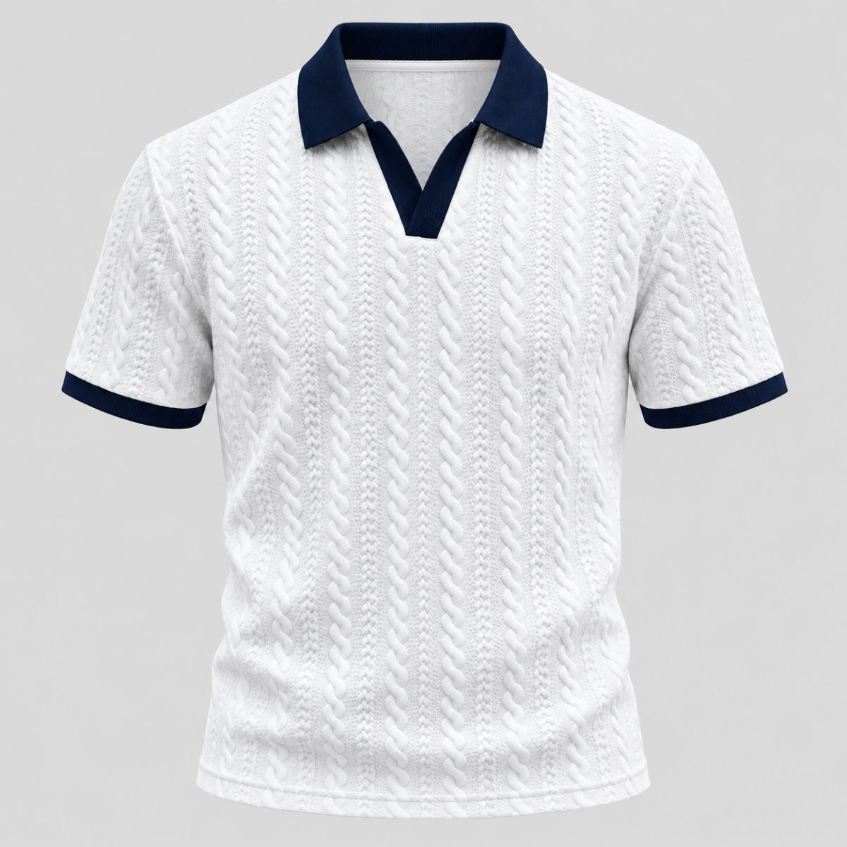 Camisa polo masculina branca texturizada com gola polo aberta em V azul-marinho