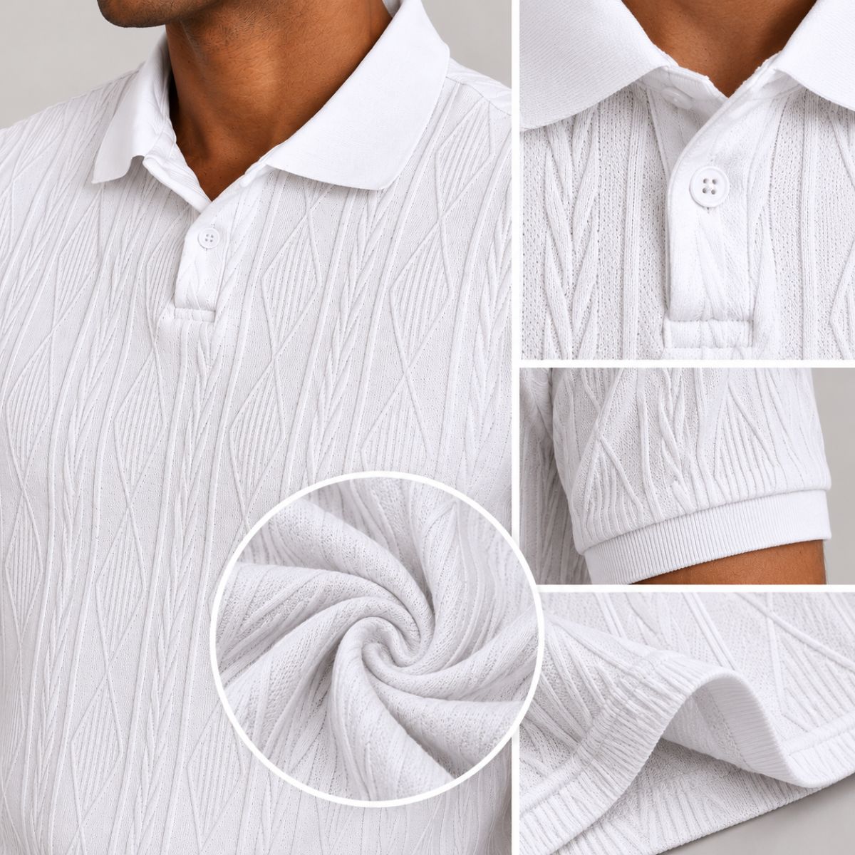 Detalhes da polo old money branca: tecido com relevo em losangos, botão da gola, punho e barra