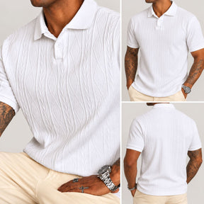 Camisa Polo Masculina Old Money Branca Windsor: detalhe do relevo, frente e costas vestida
