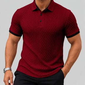 Camisa Polo Masculina Vinho Bordô Verona de frente, textura trançada e punhos pretos