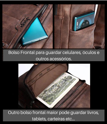 Mochila de Couro Masculino Jeep para Dia-a-Dia Loja Viego mochila mochila de couro mochila de couro legítimo Mochila de Couro Masculino para Dia-a-Dia mochila masculina